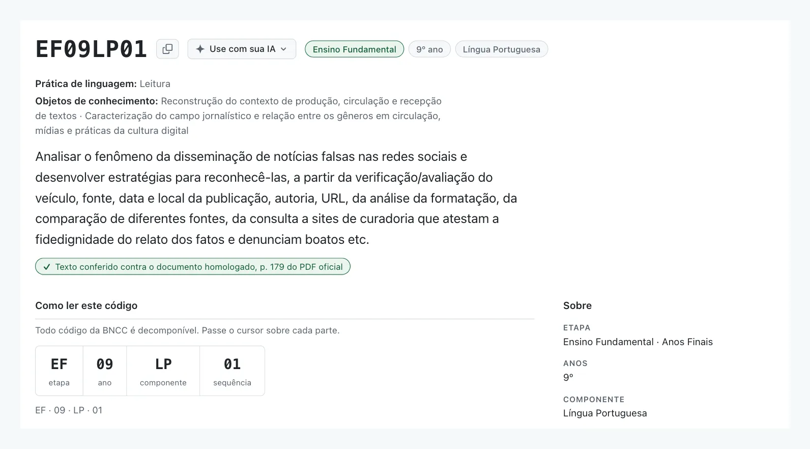 A página da habilidade EF09LP01, com o selo verde de texto conferido contra a página 179 do PDF oficial e o código decomposto em etapa, ano, componente e sequência.